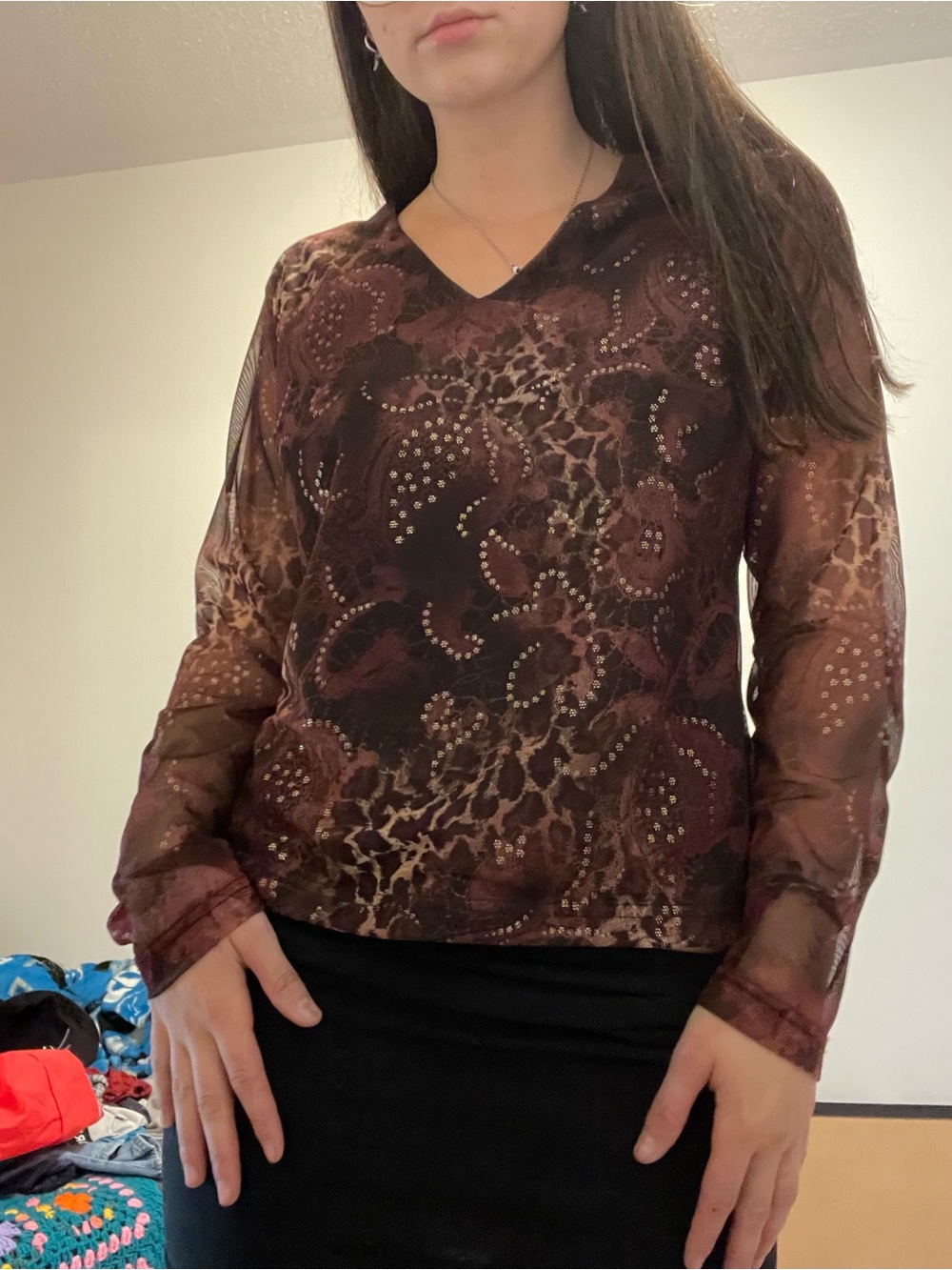 RARE VINTAGE Lindor Sheer Long-Sleeve V-Neck Animal Print Top in Brown